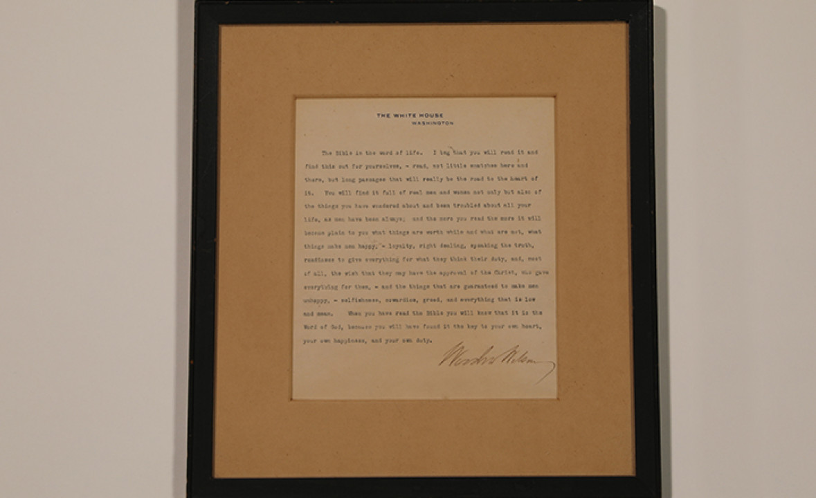 Typewritten Statement by Woodrow Wilson on the Bible, Framed